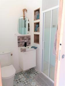 ein Badezimmer mit einem WC, einem Waschbecken und einem Spiegel in der Unterkunft Les Marguerites, maison proche de Chambord in Bracieux