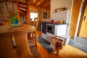 - une cuisine avec une cuisinière et une table dans une chambre dans l'établissement Bystry domek w Beskidach przy szlaku na Babią Górę, à Bystra