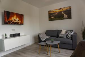 a living room with a couch and a fireplace at Ferienwohnung Dorfbrunnen in Merzig