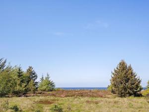a field with trees and the ocean in the background at 8 person holiday home in Fur in Fur