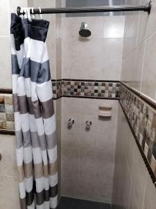 y baño con ducha y cortina en blanco y negro. en Apartamento Campestre Pereira, en Pereira