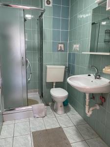 La salle de bains est pourvue de toilettes, d'un lavabo et d'une douche. dans l'établissement Apartments Papic, à Trogir
