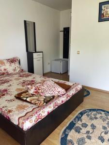 a bed in a room with a bed frame and a rug at Vila Masco in Costinesti
