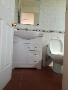 a bathroom with a toilet and a sink and a mirror at Altomiramar in El Quisco