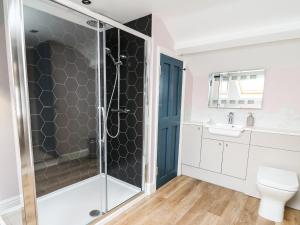Un baño con ducha, inodoro y lavabo. en Water Street, en Aberaeron 21 fotos más