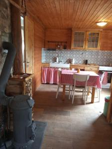 eine Küche mit einem Tisch und Stühlen im Zimmer in der Unterkunft chata FRIDAY in Ktová