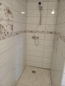 ein Bad mit einer Dusche und einer gefliesten Dusche in der Unterkunft chata FRIDAY in Ktová