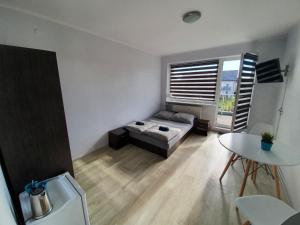 1 dormitorio con cama, mesa y ventana en Pokoje Gościnne Alis, en Władysławowo