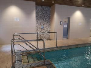 a swimming pool with a metal staircase next to the water at Ferienwohnung Alpenspaß in Missen-Wilhams