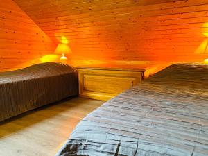 a bedroom with two beds in a wooden cabin at Chalet Gentiane in Gérardmer