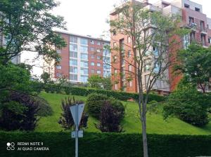 un pequeño árbol frente a un edificio en Apto. Las LLamas S20 Santander, Garaje y Wifi, en Santander