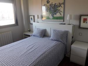 1 dormitorio con 1 cama con edredón azul y blanco en Apto. Las LLamas S20 Santander, Garaje y Wifi, en Santander