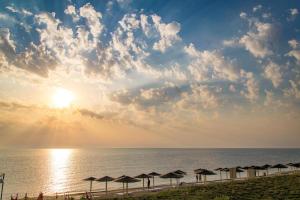 a group of umbrellas on a beach with the ocean at HOTEL BOURBON Vama Veche in Vama Veche