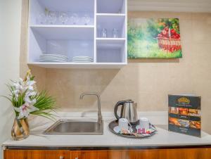 a kitchen counter with a sink with a tea kettle and plates at The Grand Palace Hotel in Addis Ababa