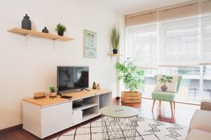 ein Wohnzimmer mit einem TV und einem Sofa in der Unterkunft Apartamentos LÓRIEN Milladoiro in O Milladoiro