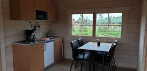 uma cozinha com mesa e cadeiras e uma janela em Hvammur 5 with private hot tub em Drangsnes