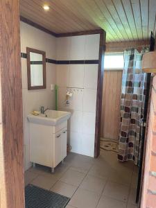 La salle de bains est pourvue d'un lavabo et d'un miroir. dans l'établissement Gintaro pirtelė, à Lazdijai