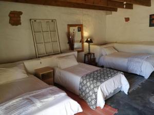 1 dormitorio con 2 camas y espejo en Klipfontein Rustic Farm & Camping, en Tulbagh