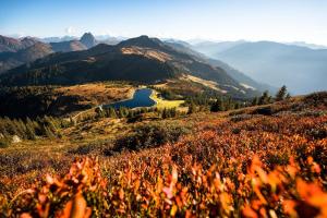 a view of a mountain with a lake on a hill at Appartement Kirchner in Brixen im Thale