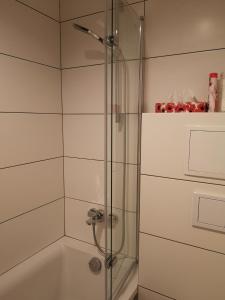 um chuveiro com uma porta de vidro na casa de banho em Apartamenty Jaskinia Solna em Ruda Śląska