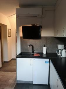 a kitchen with a sink and a counter top at Apartamenty Jaskinia Solna in Ruda Śląska