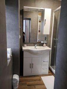 ein Badezimmer mit einem weißen Waschbecken und einem Spiegel in der Unterkunft Fine apartment in centrum of Slaný with Aircondition in Slaný