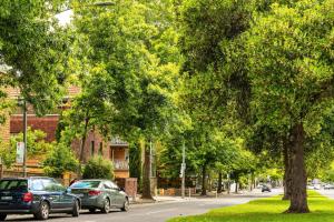 墨爾本的住宿－東墨爾本舒適酒店，两辆汽车停在一条树木林立的街道边