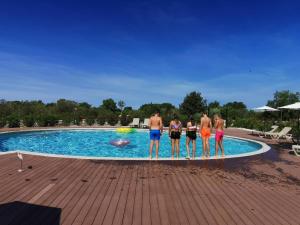 a group of people standing next to a swimming pool at Papafigo Camping in Vodnjan