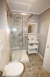 ein Bad mit einer Dusche, einem WC und einem Waschbecken in der Unterkunft Rezidence U prince č.1 in Jičín