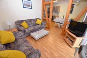 a living room with a couch and a flat screen tv at Apartment Moselblick in Ürzig