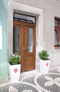 uma porta de madeira com dois vasos de plantas em frente em Rezidence U prince č. 2 em Jičín