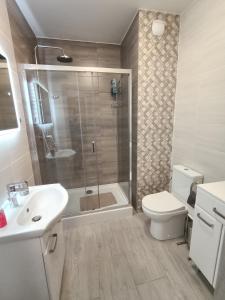 W łazience znajduje się prysznic, toaleta i umywalka. w obiekcie Szafarnia/Św Barbary 11 w Gdańsku