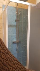 a shower in a bathroom with a blue tile wall at Casa sull'Albero Treehouse Costa dei Trabocchi in Torino di Sangro