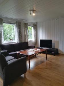un soggiorno con tavolo e divano di Camp Sjusjøen a Mesnali