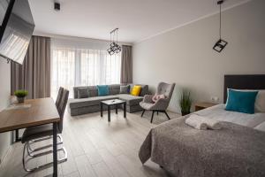 Un dormitorio con una cama y una sala de estar. en Apartamenty na Chrobrego, en Bydgoszcz