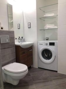 W łazience znajduje się pralka i umywalka. w obiekcie Apartament Noniewicza 95 w mieście Suwałki