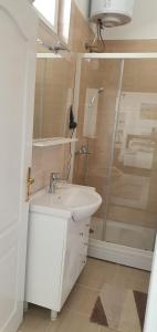 Un baño con lavabo y ducha en Ferhadija A&E Apartment Sarajevo, en Sarajevo 31 fotos más