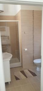 Un baño con ducha, inodoro y lavabo. en Ferhadija A&E Apartment Sarajevo, en Sarajevo