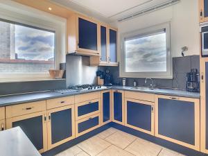 a kitchen with wooden cabinets and a sink and two windows at Hello Zeeland - Appartement Port Scaldis 03-072 in Breskens