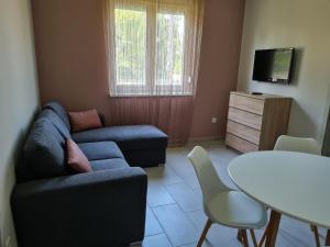 een woonkamer met een bank en een tafel bij Siófok Sophia Apartman in Siófok