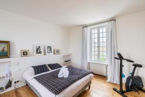 Un dormitorio con una cama con un gato. en La Villa Souhaitier en Saint-Malo