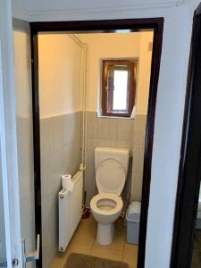 a small bathroom with a toilet and a window at Apartmán Bušín in Busin