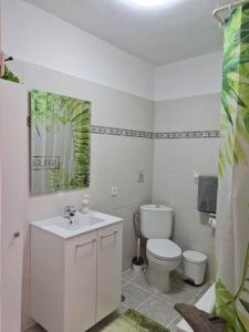 Baño blanco con aseo y lavamanos en Impeccable 2-Bed House in Guia de Isora en Guía de Isora