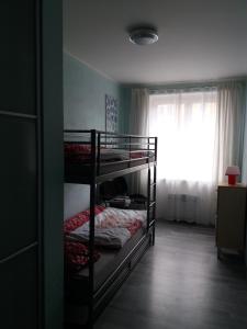 dwa łóżka piętrowe w pokoju z oknem w obiekcie Apartmán Abertamy Krušné hory w mieście Abertamy