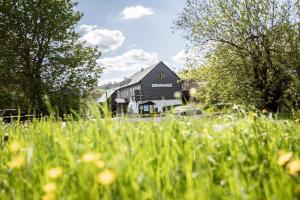 una gran casa negra con un campo de hierba en Gasthaus & Pension Am Rennsteig, en Spechtsbrunn