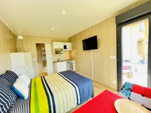 a bedroom with a bed and a couch and a tv at Cabane de Rafael in Vittel