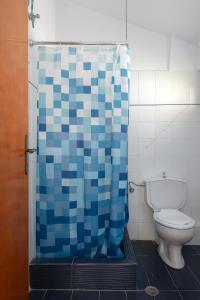 a bathroom with a toilet and a blue shower curtain at Europe Hotel in Argostoli