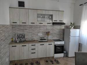 a kitchen with wooden cabinets and a white refrigerator at Andrea Airport Apartments in Belgrade