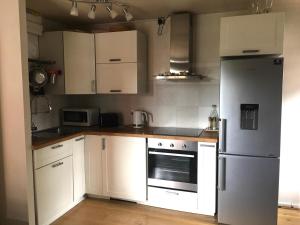 cocina con armarios blancos y nevera en One-bedroom Rotherhithe/Bermondsey flat, Central London, UK, en Londres