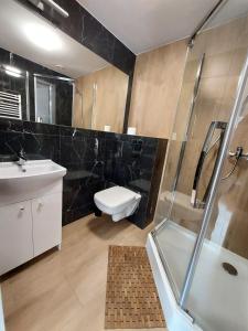 a bathroom with a shower and a toilet and a sink at Pokoje z aneksem kuchennym in Międzywodzie